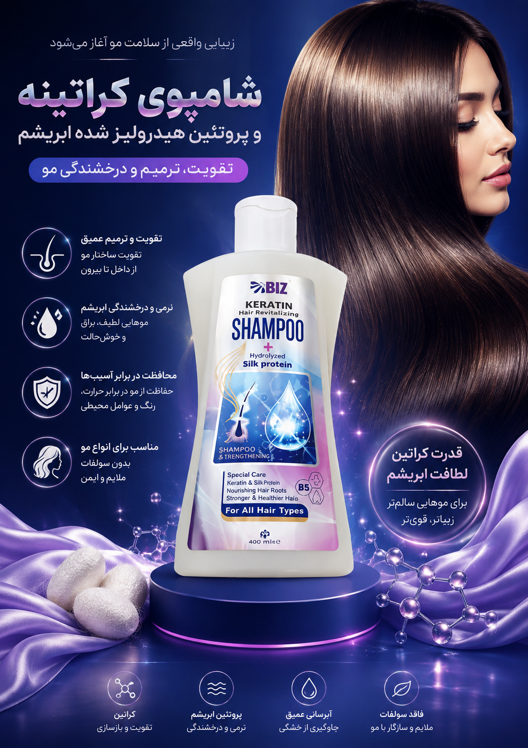 شامپوی کراتینه و پروتئین هیدرولیز شده ابریشم Biz