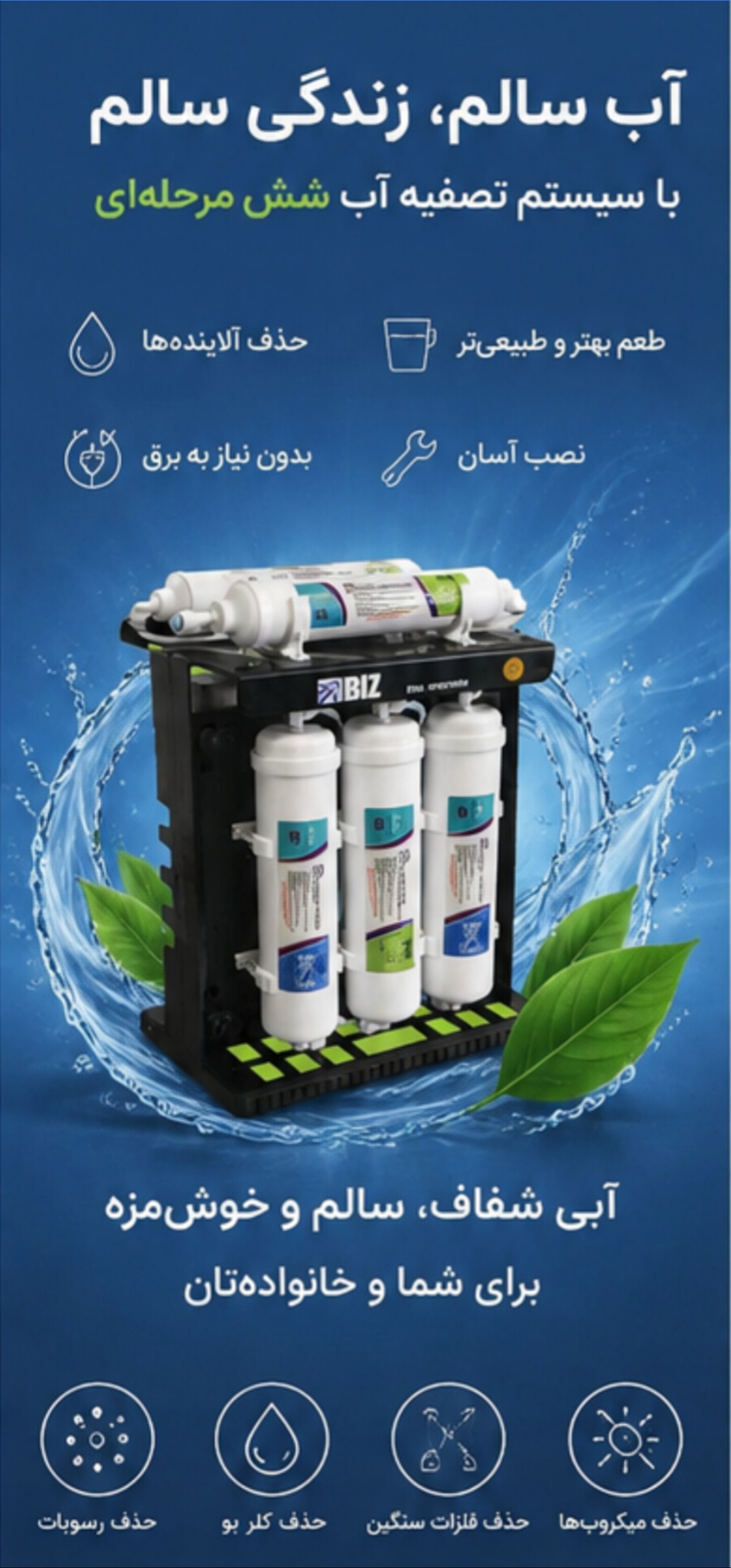 دستگاه تصفیه آب شش مرحله ای اسموز معکوس RO با فیلتر inline