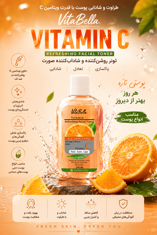 تونر تخصصی پوست حاوی ویتامین سی استحکام و درخشندگی پوست ضد لک