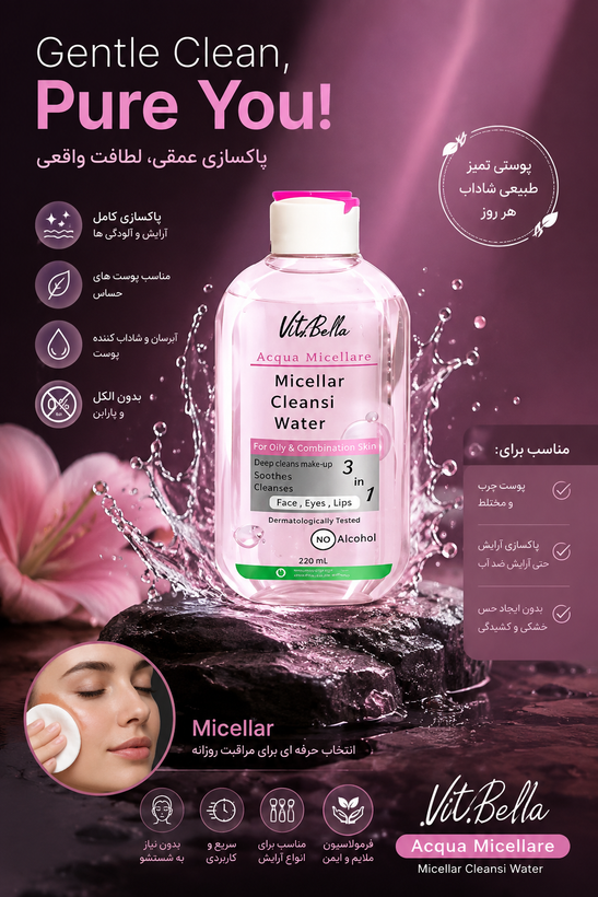 میسلار واتر مخصوص پوست چرب و مختلط ضد باکتری ضد التهاب مناسب لب و صودت