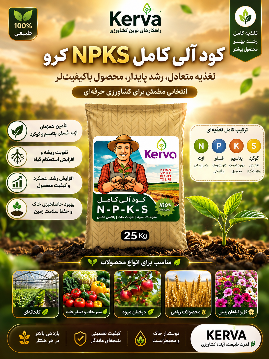 کودآلی NPKS کروا ۲۵ کیلویی افزایش گلدهی و میوه تغذیه با ۱۷ عنصر