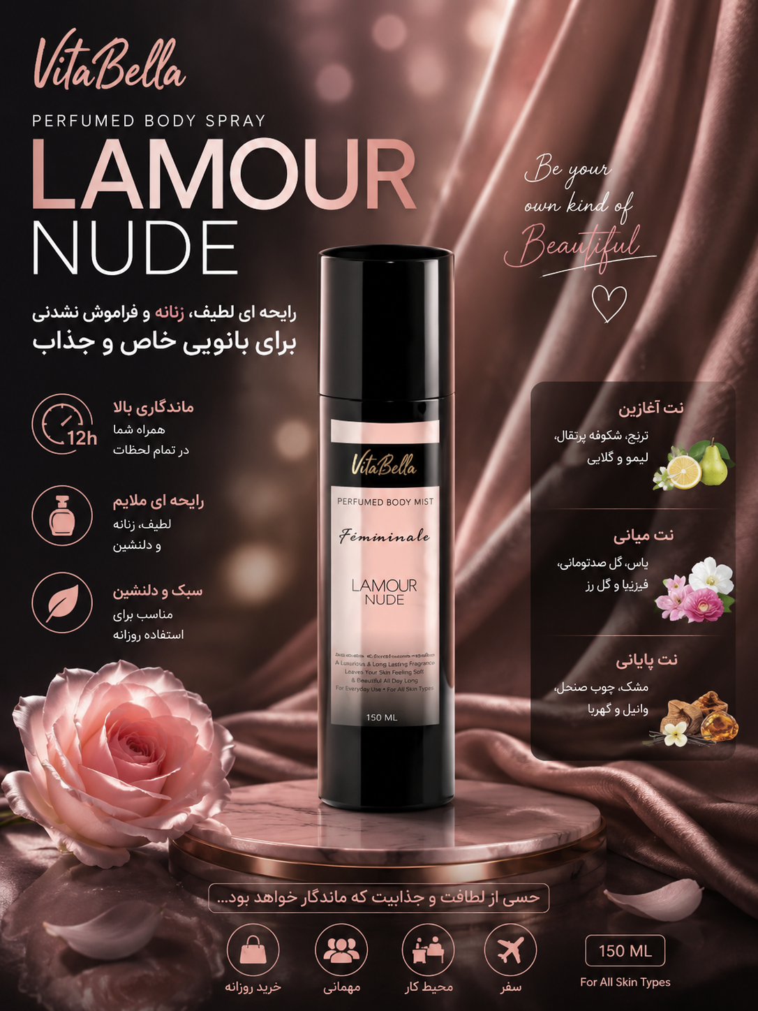 بادی میست ۱۵۰ میل LAMOUR کاهش تعریق حس خنکی لطافت پوست