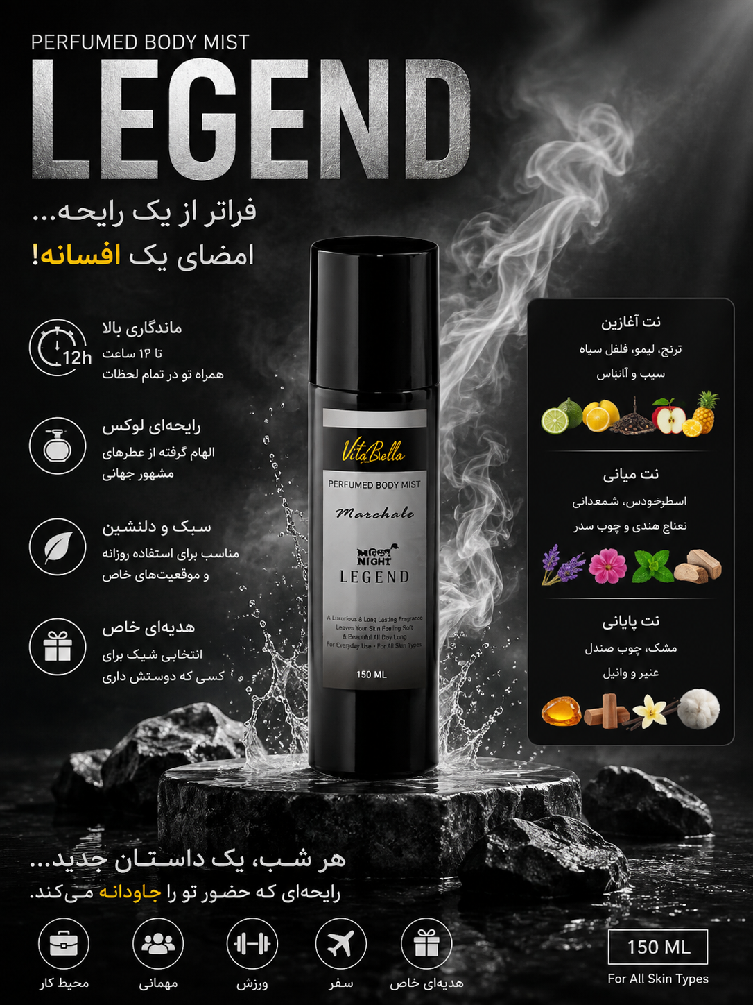 بادی میست ۱۵۰ میل LEGEND مخملی شدن پوست آبرسان درخشندگی پوست