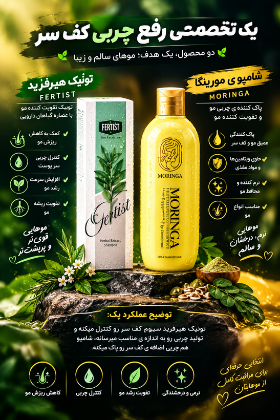شامپو مورینگا و تونیک هرفرند ترکیب عالی برای رفع چربی سر و جلوگیری از ریزش مو